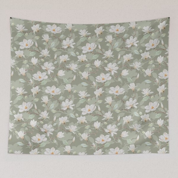 Item preview, Delicate White Magnolia Leafy Branches on Dusty Green designed and sold by SydneyPapierCo.