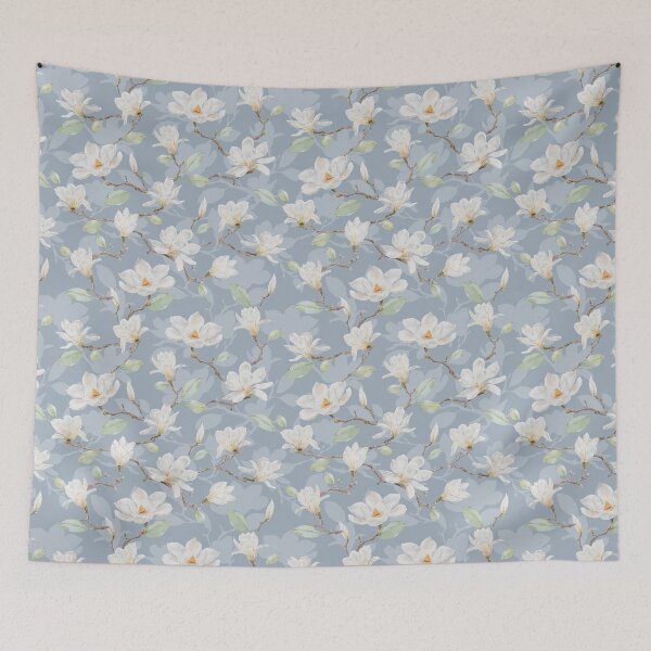 Item preview, Delicate White Magnolia Leafy Branches on Dusty Blue designed and sold by SydneyPapierCo.