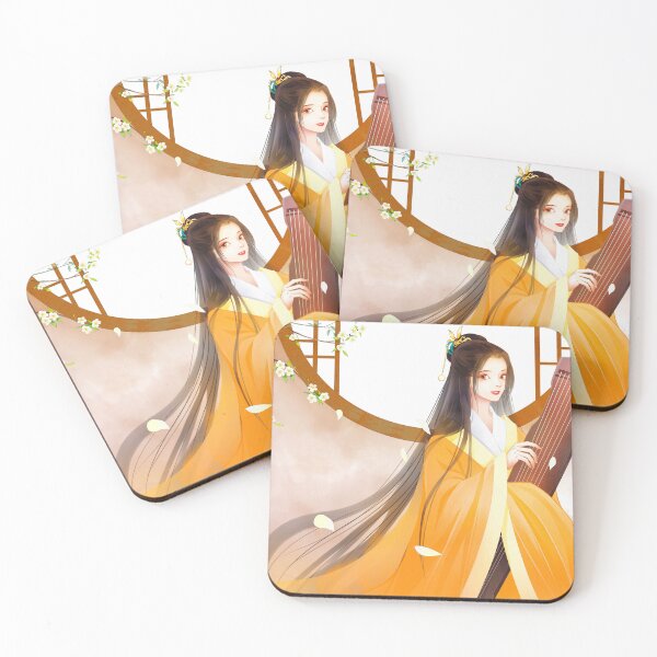 Item preview, Ancient style hand-painted character illustration, girl in yellow holding a zither, original illustration poster, designed and sold by zenger2021.