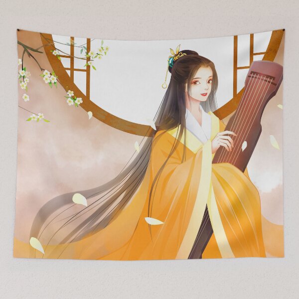 Item preview, Ancient style hand-painted character illustration, girl in yellow holding a zither, original illustration poster, designed and sold by zenger2021.