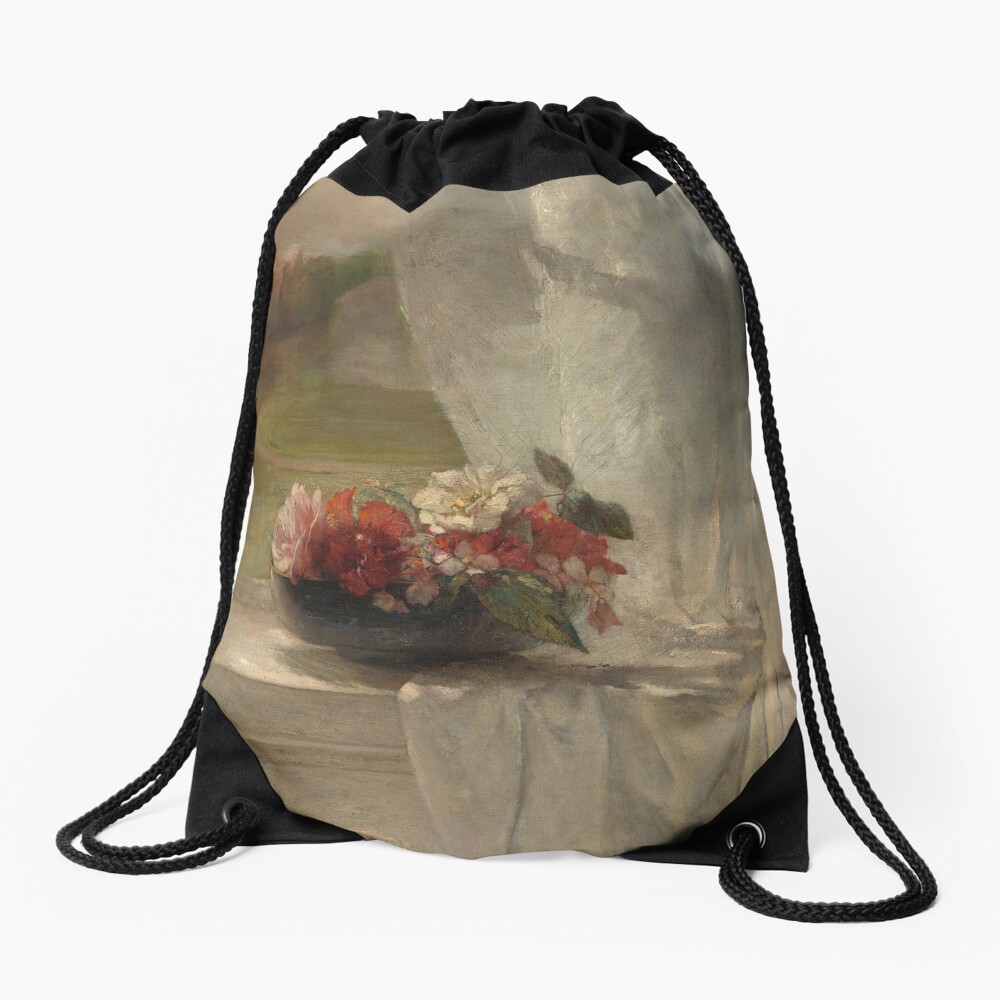 Flowers on a Window Ledge Oil Painting by John La Farge Drawstring Bag