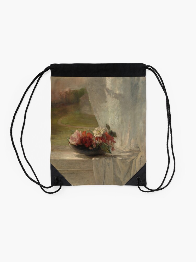 Alternate view of Flowers on a Window Ledge Oil Painting by John La Farge Drawstring Bag