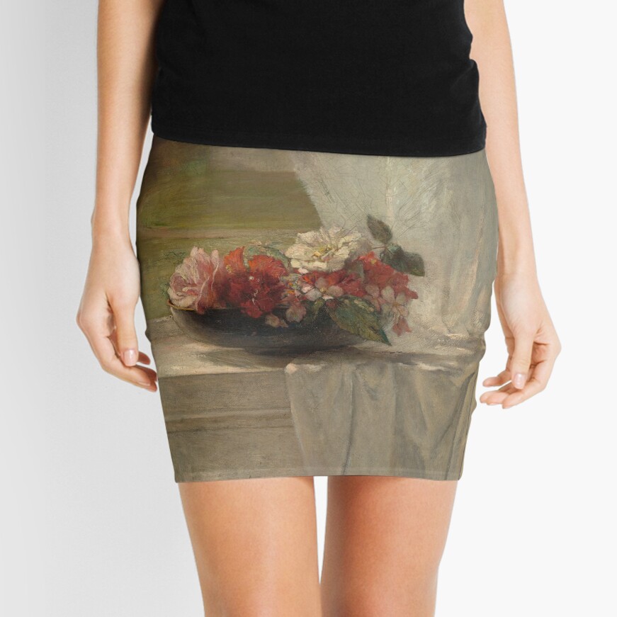 Flowers on a Window Ledge Oil Painting by John La Farge Mini Skirt