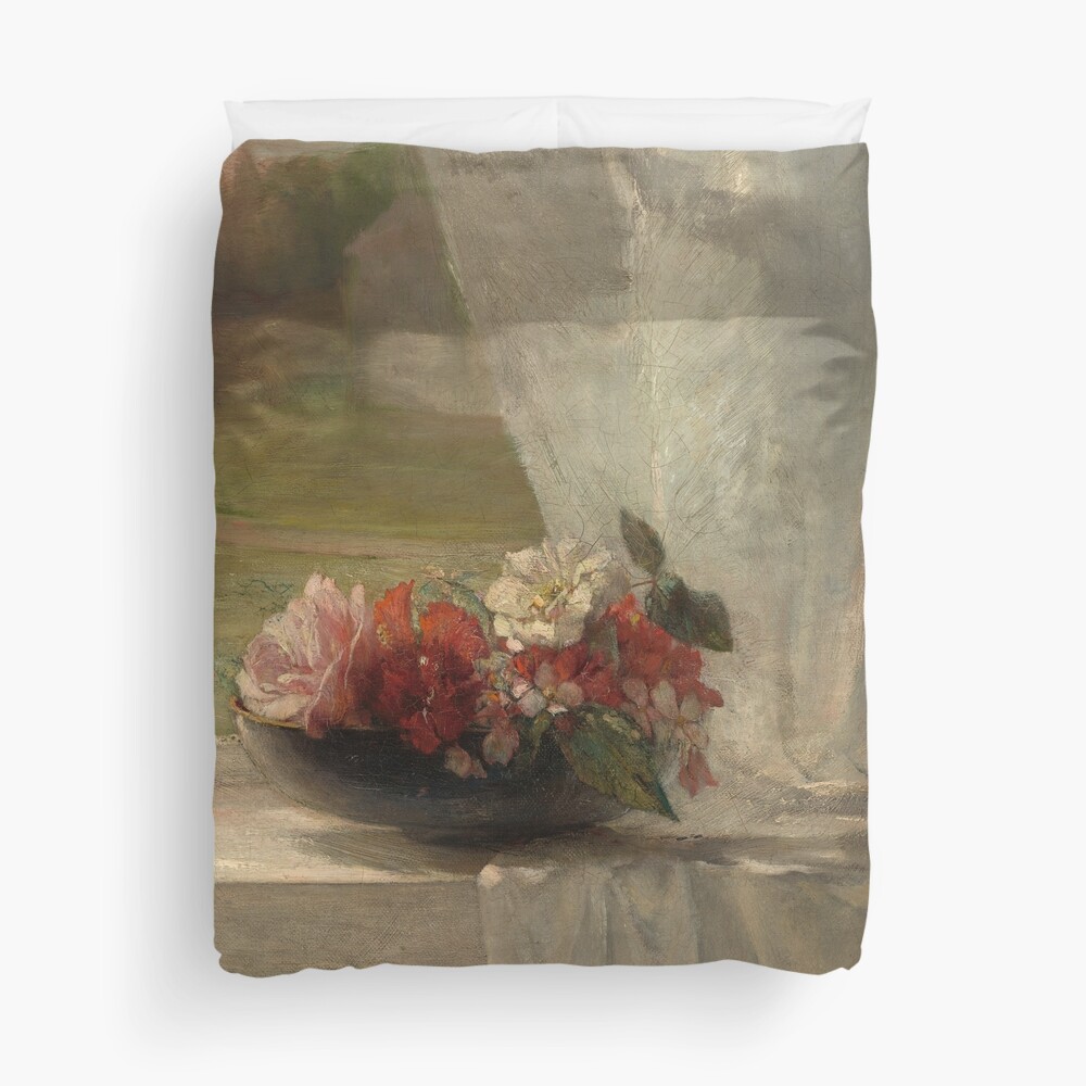 Flowers on a Window Ledge Oil Painting by John La Farge Duvet Cover