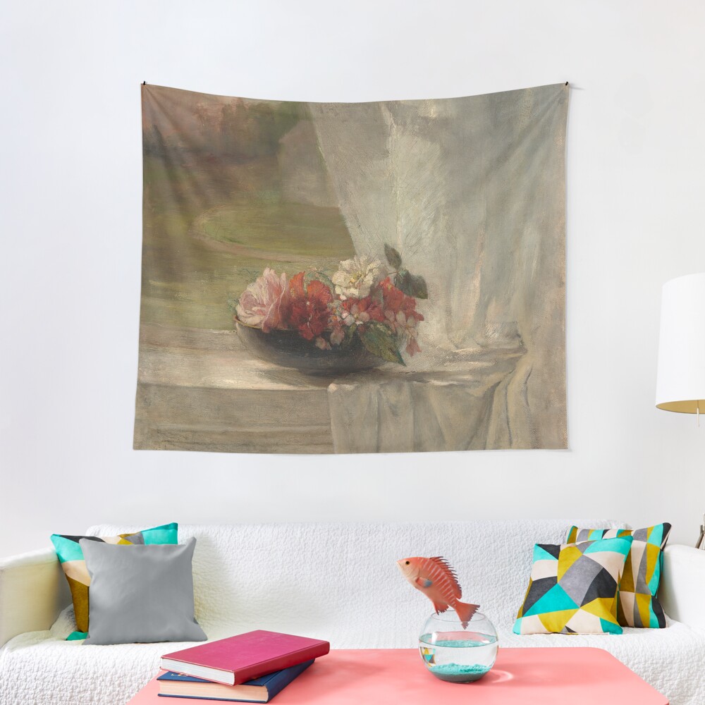 Flowers on a Window Ledge Oil Painting by John La Farge Tapestry
