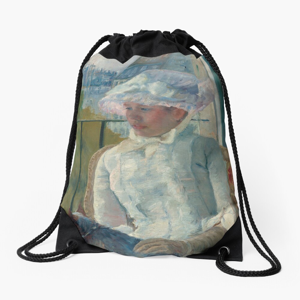 Young Girl at a Window With Dog Oil Painting by Mary Stevenson Cassatt Drawstring Bag