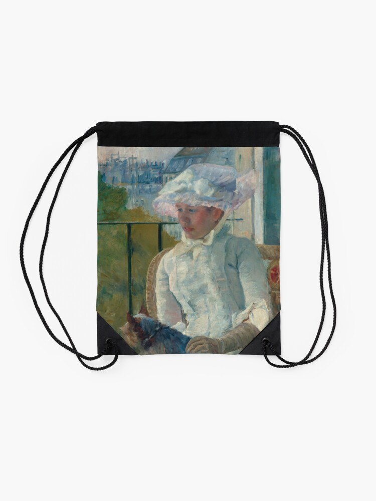 Alternate view of Young Girl at a Window With Dog Oil Painting by Mary Stevenson Cassatt Drawstring Bag