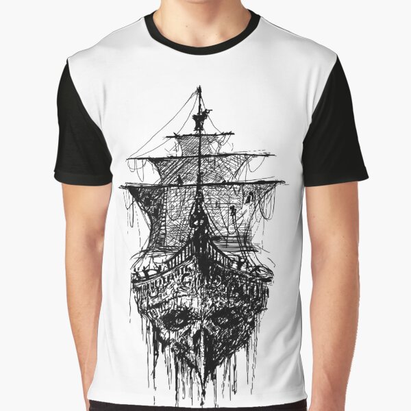 Pirate Ghost Ship T Shirt Jolly Roger Skull Crossbones Scallywag Blackbeard  Tee