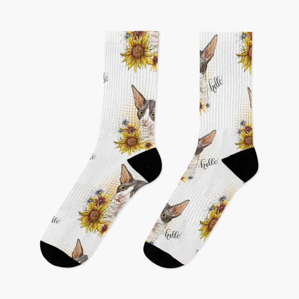 Artikelvorschau, Handzeichnung Cornish Rex Katze mit Sonnenblumen entworfen und verkauft von Alinart16.