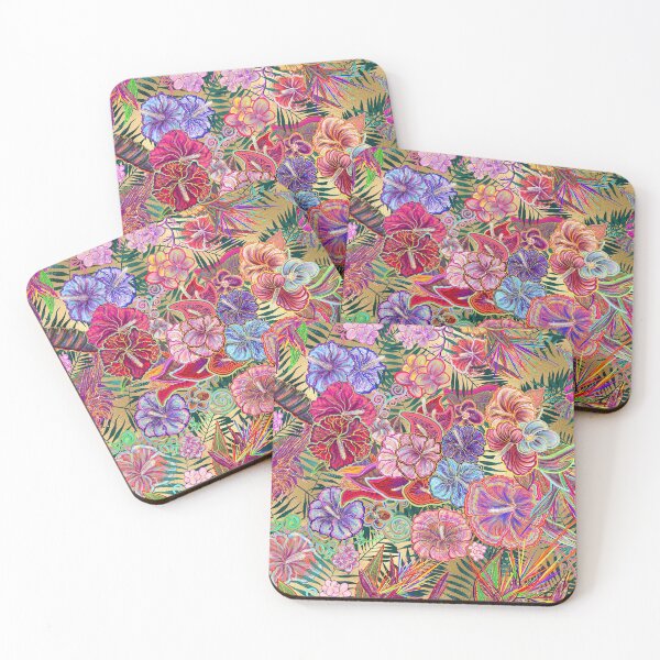 Item preview, Hawaiian Flowers by Maru, tropical flowers, floral print, gold & pink 2022 designed and sold by airam cordido.