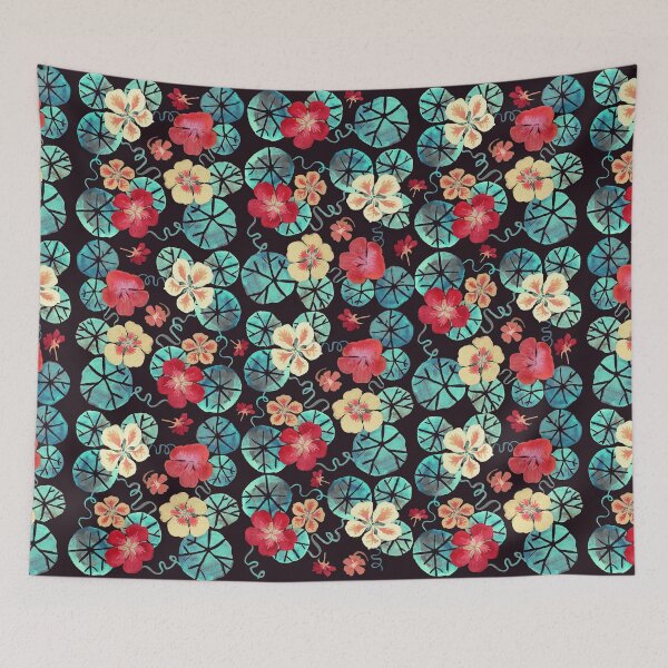 Item preview, Watercolor Garden Nasturtiums. Dark Floral Pattern designed and sold by tanjica.