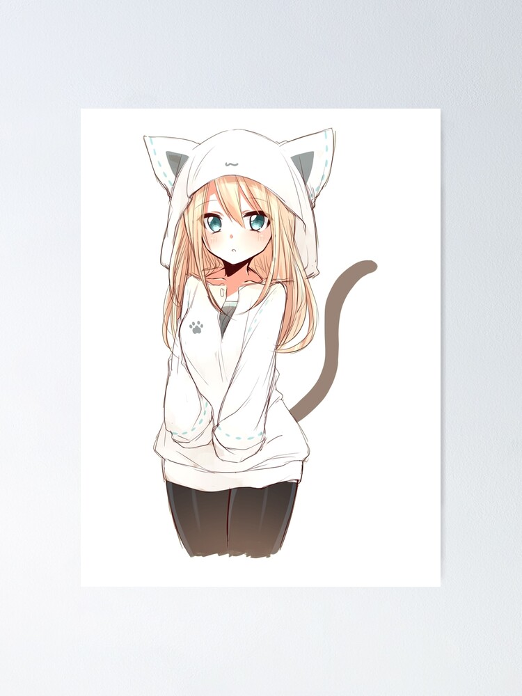 Kawaii Anime Neko Cat Girl in Black Hoodie Poster for Sale by