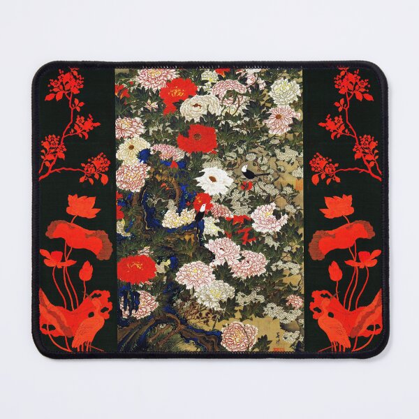 Item preview, LITTLE BIRDS WITH RED WHITE FLOWERS,GREEN FLORAL IN BLACK, designed and sold by BulganLumini.