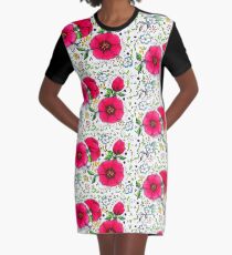 Pink Poppies and Flourishes Design Graphic T-Shirt Dress