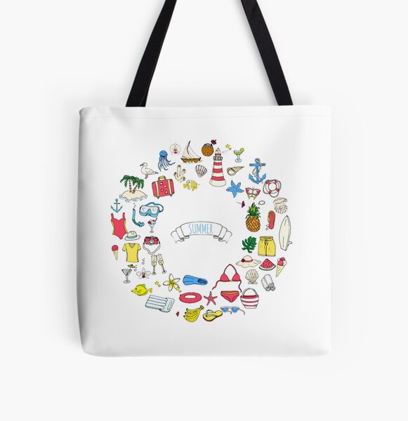 Summer symbols hand darwn wreath! All Over Print Tote Bag