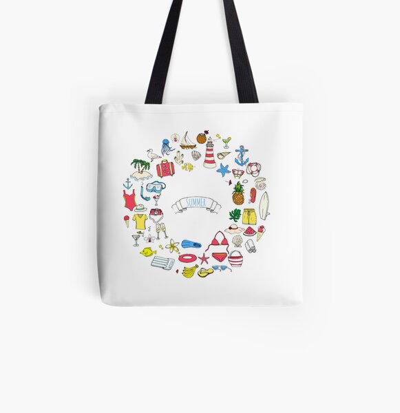 Summer symbols hand darwn wreath! All Over Print Tote Bag
