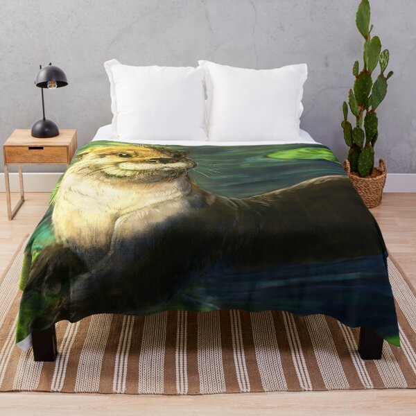 Giant river otter biting fish in river Throw Pillow