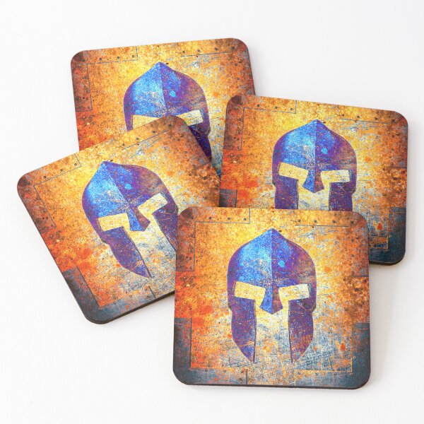 Item preview, Blue Spartan Helmet on Rusted Riveted Background Print designed and sold by MolonLabeArt.