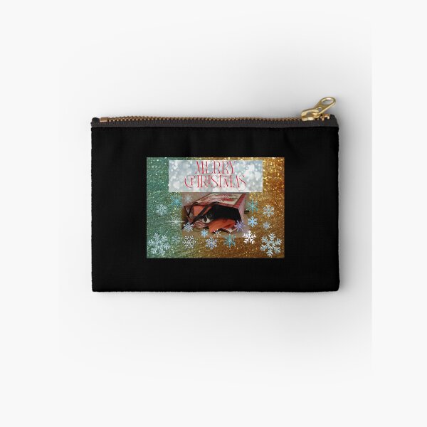 Item preview, Merry Christmas with a cat in a bag, kitten & snowflakes. Black background.  designed and sold by imyournightmare.