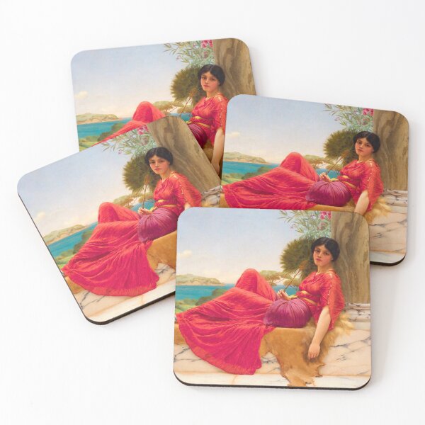 Item preview,  Leaning Against A Column "Girl with a beautiful transparent Summer red Dress" John William Godward designed and sold by TeeARTHY.