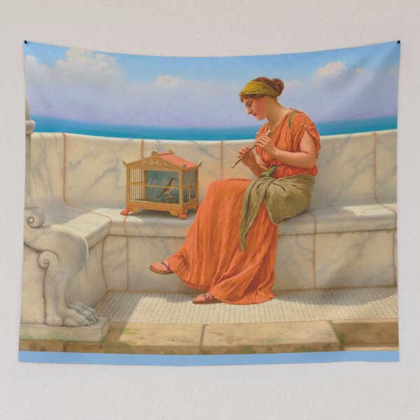 Item preview, Songs without Words ,girl playing flute "Girl with a beautiful transparent Summer  orange Dress" John William Godward designed and sold by TeeARTHY.