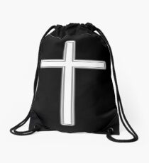 Cross, Christian, Crucifix, Religeon, Belief, Crucifixion, Christianity, Jesus, Lord, White on Black Drawstring Bag