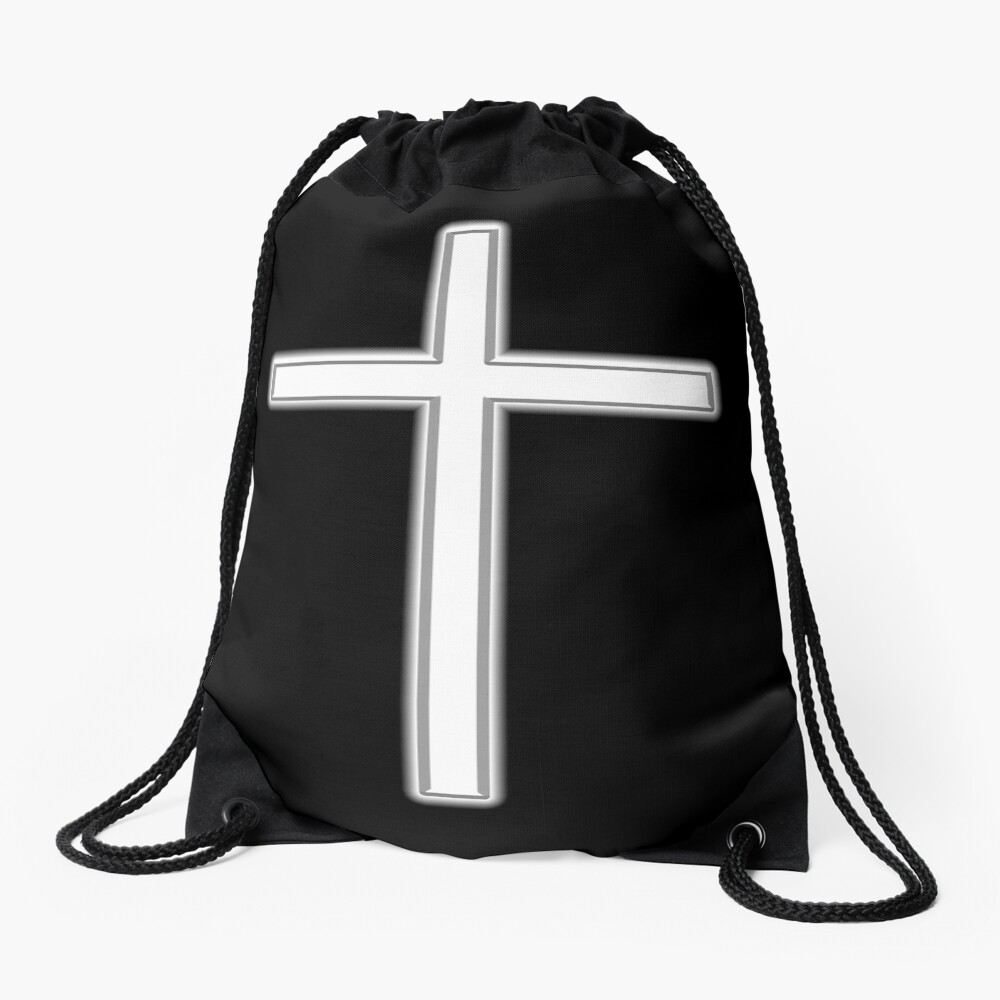Christian Cross. Crucifix, Religeon, Belief, Crucifixion, Christianity, Jesus, Lord, White on Black. Drawstring Bag