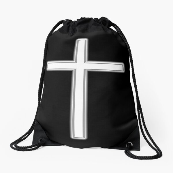 Christian Cross. Crucifix, Religeon, Belief, Crucifixion, Christianity, Jesus, Lord, White on Black. Drawstring Bag