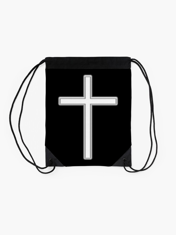 Alternate view of Christian Cross. Crucifix, Religeon, Belief, Crucifixion, Christianity, Jesus, Lord, White on Black. Drawstring Bag