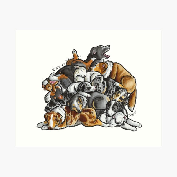 Item preview, Sleeping pile of Australian Shepherd (Aussie) dogs designed and sold by animalartbyjess.