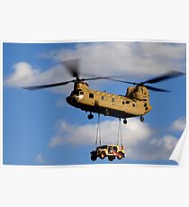 A U.S. Army CH-47 Chinook helicopter transports a Humvee. Poster