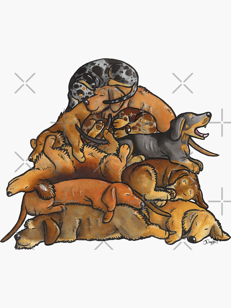 Sleeping pile of Dachshund dogs by animalartbyjess
