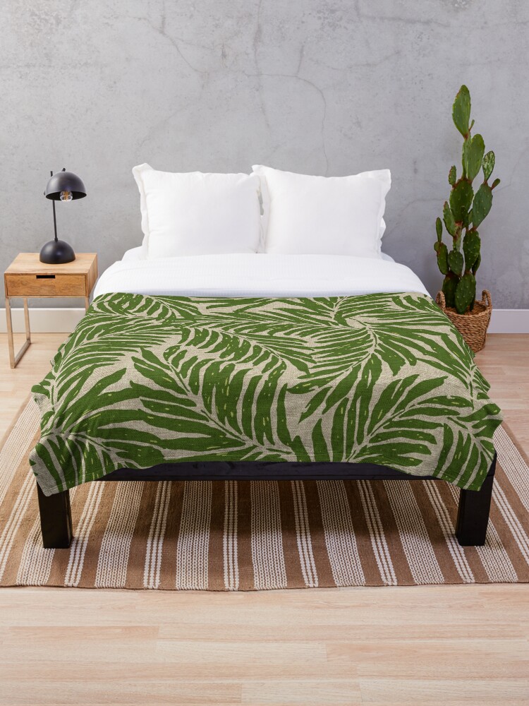 Kahanu Palms Hawaiian Linen Texture Olive Green Throw Blanket