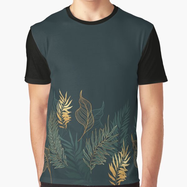 Hojas verdes y doradas sobre fondo en verde oscuro para Camiseta gráfica