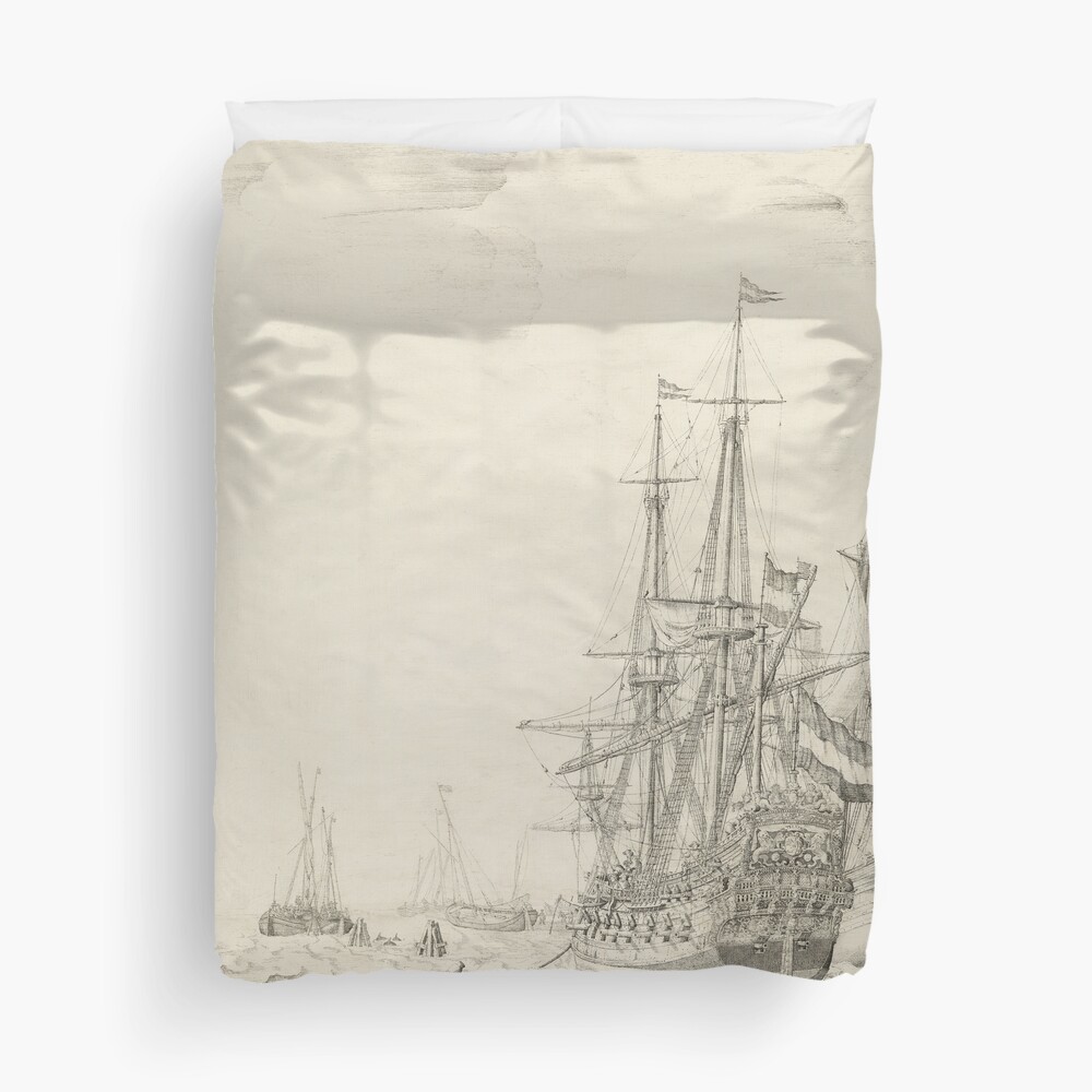 Dutch Ships near the Coast Oil Painting by Willem van de Velde the Elder Duvet Cover