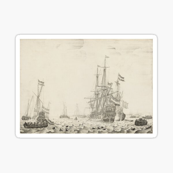 Dutch Ships near the Coast Oil Painting by Willem van de Velde the Elder Sticker