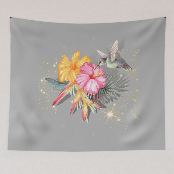 Item preview, A beautiful design of a hovering hummingbird and a bouquet of tropical flowers with a sprinkling of stars designed and sold by Wonder & Whimsy.