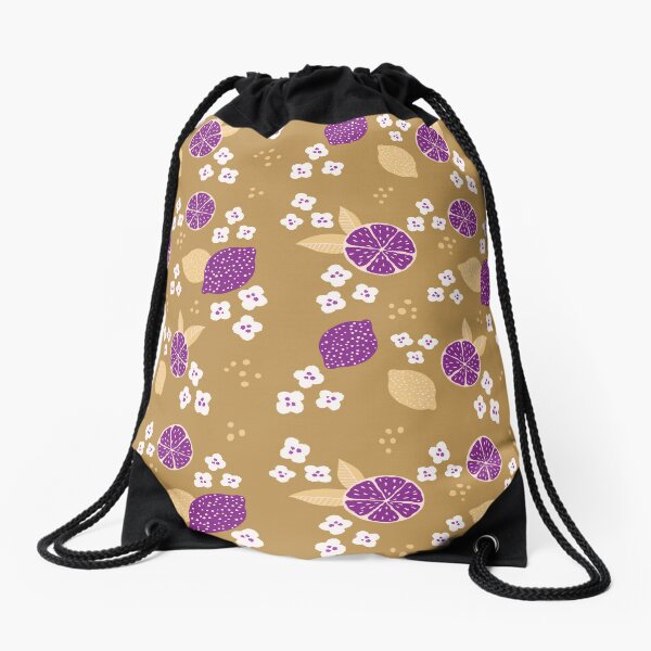 Purple Lemons and White Flowers Mustard Yellow Drawstring Bag