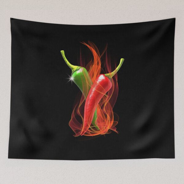 Item preview, Burning Chilli Peppers..A dramatic design using red and green spicy chilli peppers and hot flames set against a black background designed and sold by Wonder & Whimsy.