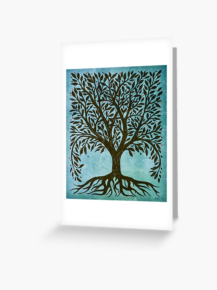 Carte De Vœux Arbre De Vie Gravure Sur Bois En Bleu Par Bunnythepainter Redbubble