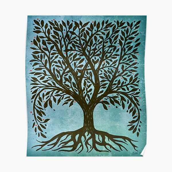 Tree Of Life Woodcut In Blue Poster