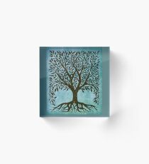 Baum des Lebens Holzschnitt im Blau Acrylblock