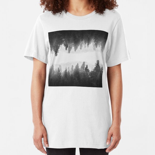 Black and white foggy mirrored forest Slim Fit T-Shirt