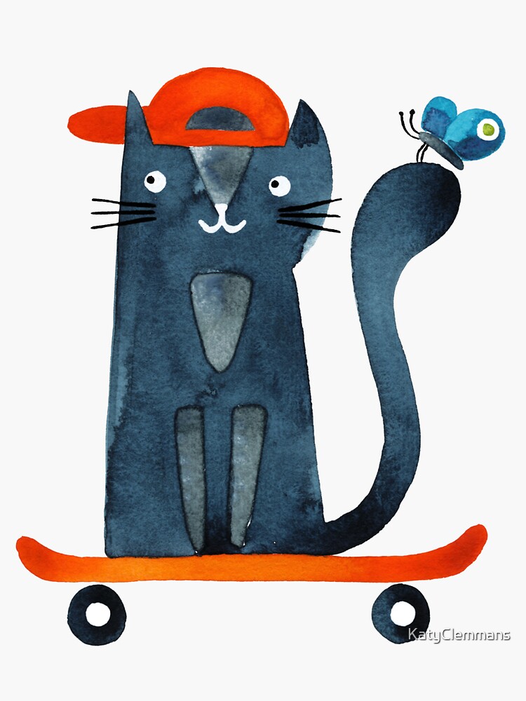 Skate Cat watercolour cat painting by KatyClemmans
