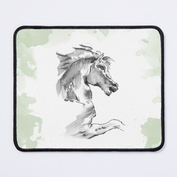 Horse Portrait on Green, Ink and Wash Technique Mouse Pad