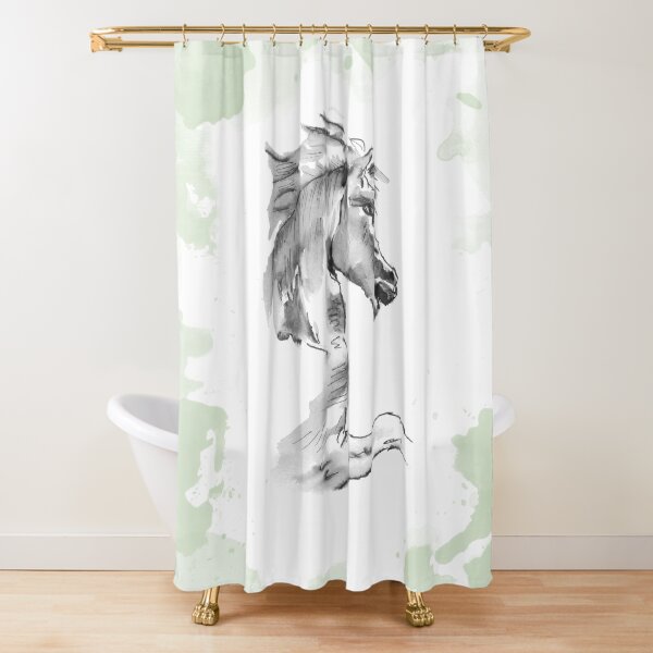 Horse Portrait on Green, Ink and Wash Technique Shower Curtain