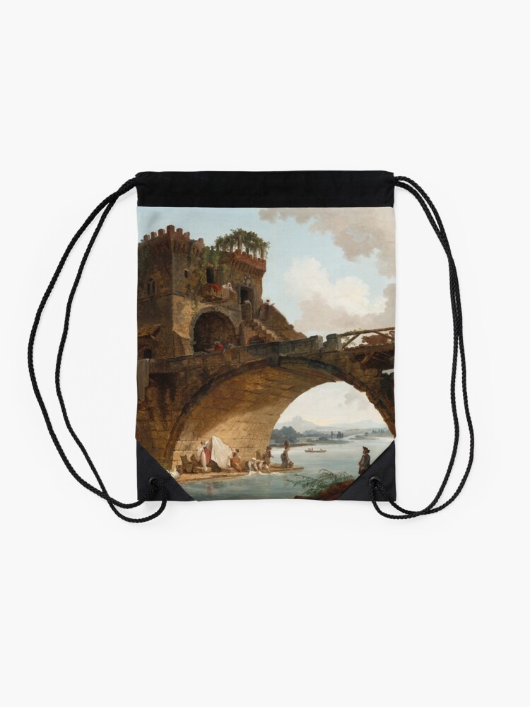 Alternate view of The Ponte Salario Oil painting by Hubert Robert Drawstring Bag