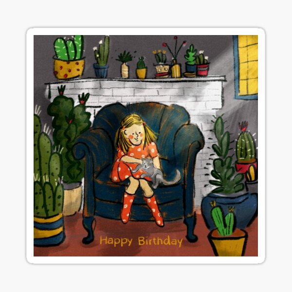 Cat and Cactus (with Happy Birthday message) Sticker