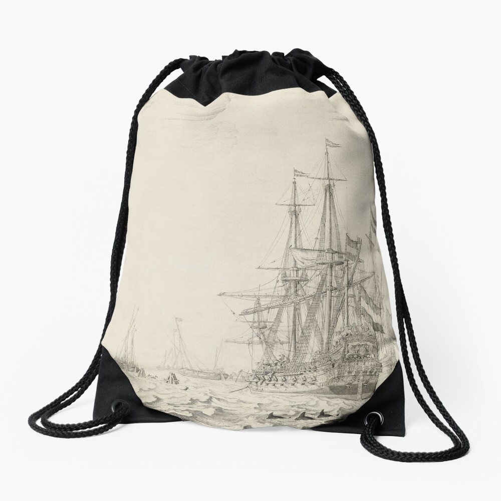 Dutch Ships near the Coast Oil Painting by Willem van de Velde the Elder Drawstring Bag