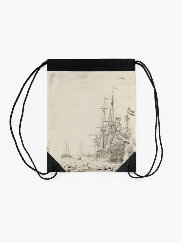 Alternate view of Dutch Ships near the Coast Oil Painting by Willem van de Velde the Elder Drawstring Bag